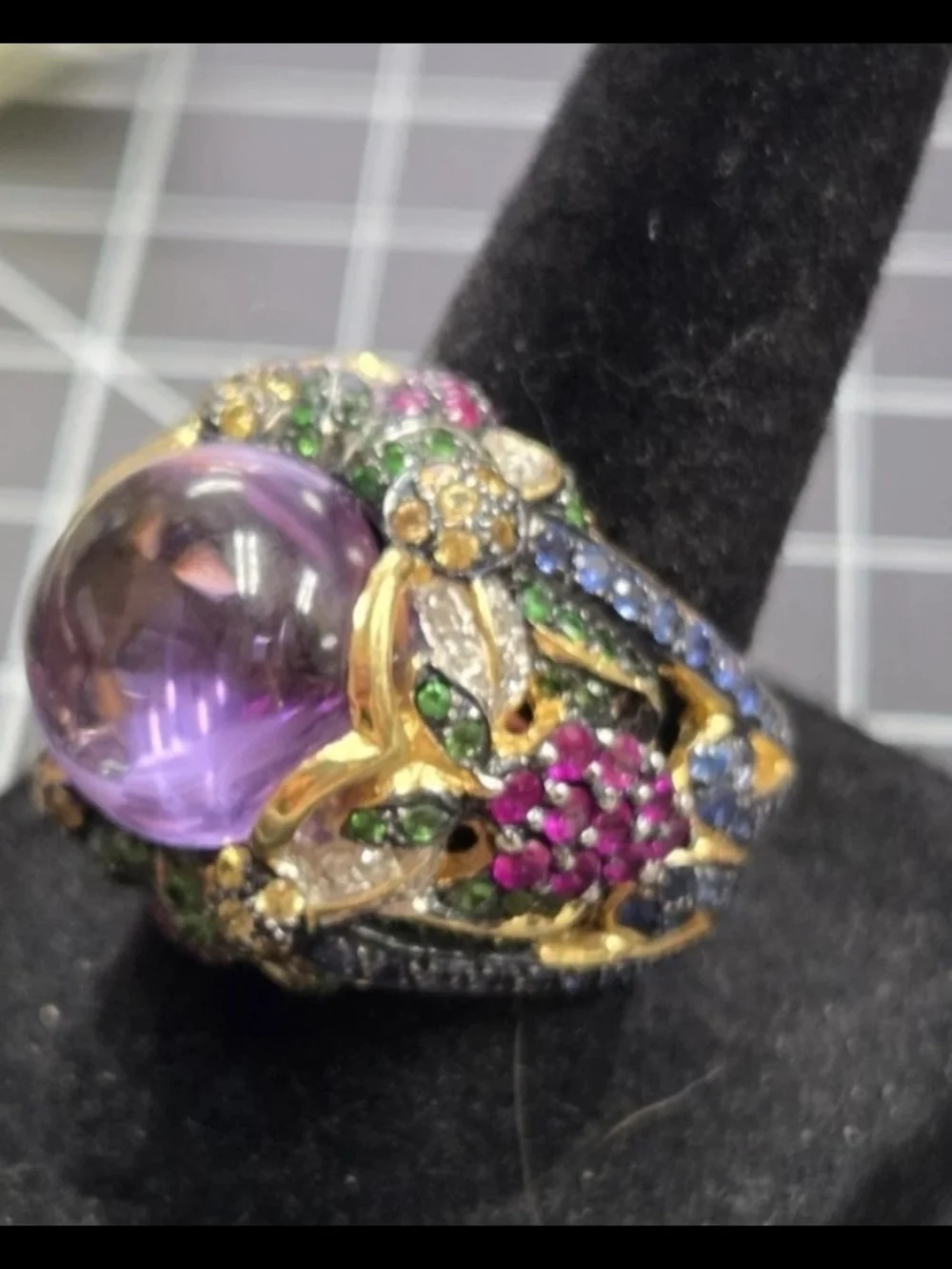 ✨ 18K Yellow Gold Multi-Gemstone & Diamond Ring 💜 Amethyst Cabochon Size 7¼